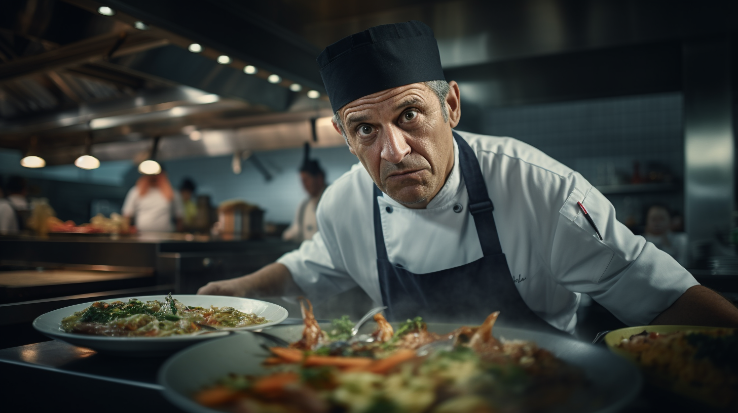 Chef with frown looking over prepared food |