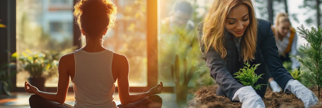 Split-screen corporate image: left side showing office yoga session, right side showing team planting trees | esg talent retention strategies